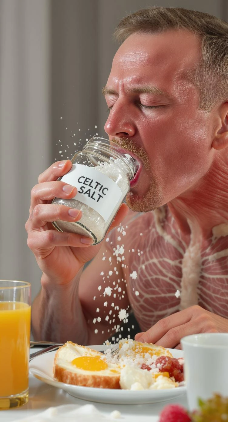 A MEDICAL ILLUSTRATION OF A REALISTIC human body holding a jar with "CELTIC SALT" written on the label, he throws it in his mouth DURING BREAKFAST emoji