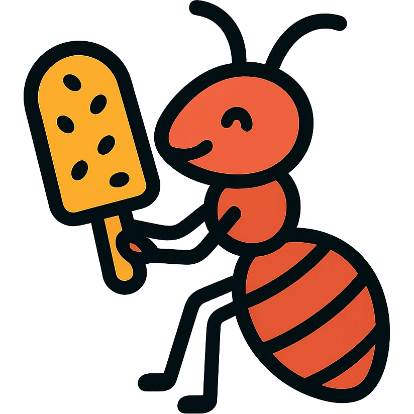 icon of an ant eating passion fruit ice cream, clean lines, minimal details emoji
