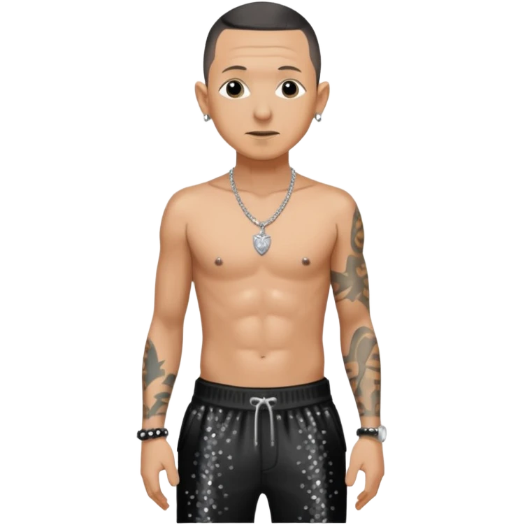 Chester Bennington with black sequin baggy pants, shirtless with necklace emoji