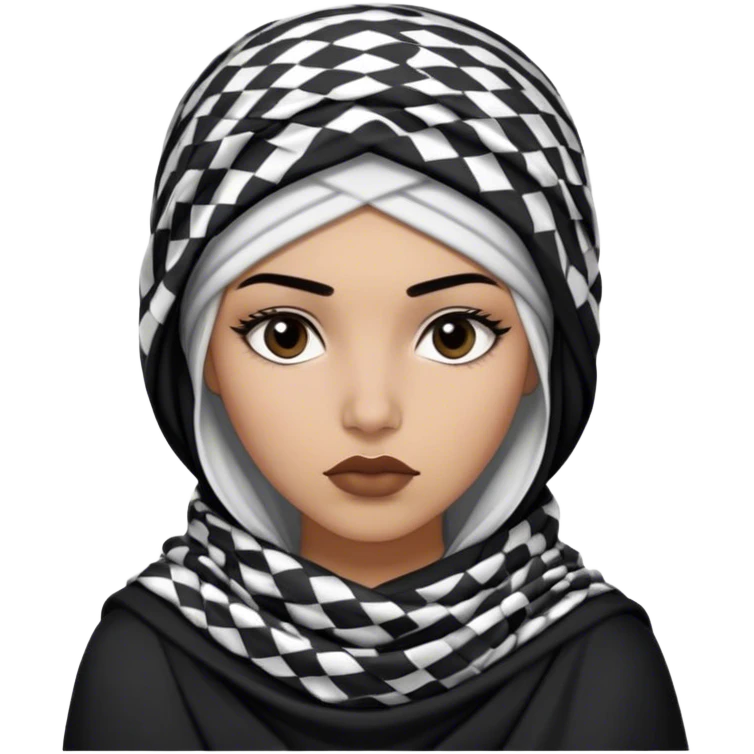 The image features a young woman wearing a black and white keffiyeh wrapped around her head and draped over her shoulders. She has a serious yet confident expression, with full lips slightly pursed and lashes. Her outfit consists of dark clothing.  emoji