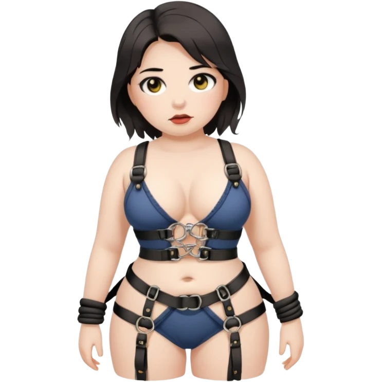 Submissive woman in rope bondage chest harness; full body. White skin, chubby, halflong dark hair, hazel eyes. emoji