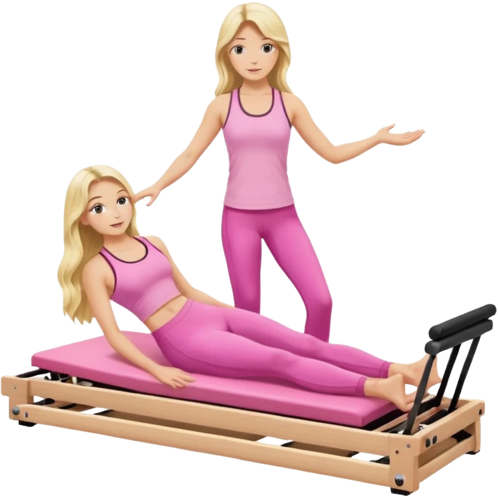 long haired blonde pilates instructor teaching reformer in pink set white reformer bed emoji