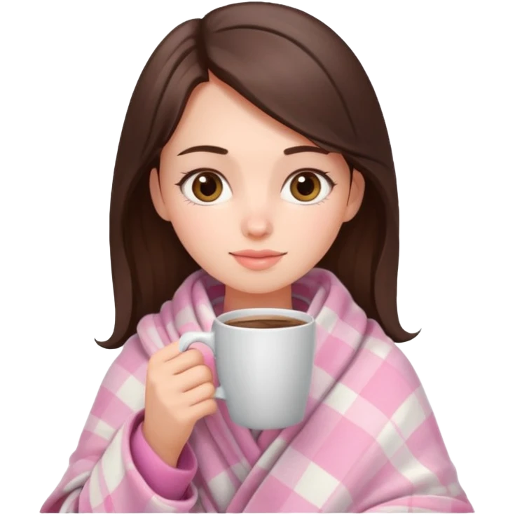 cute brunette girl wrapped in pastel pink plaid blanket drinking coffee emoji