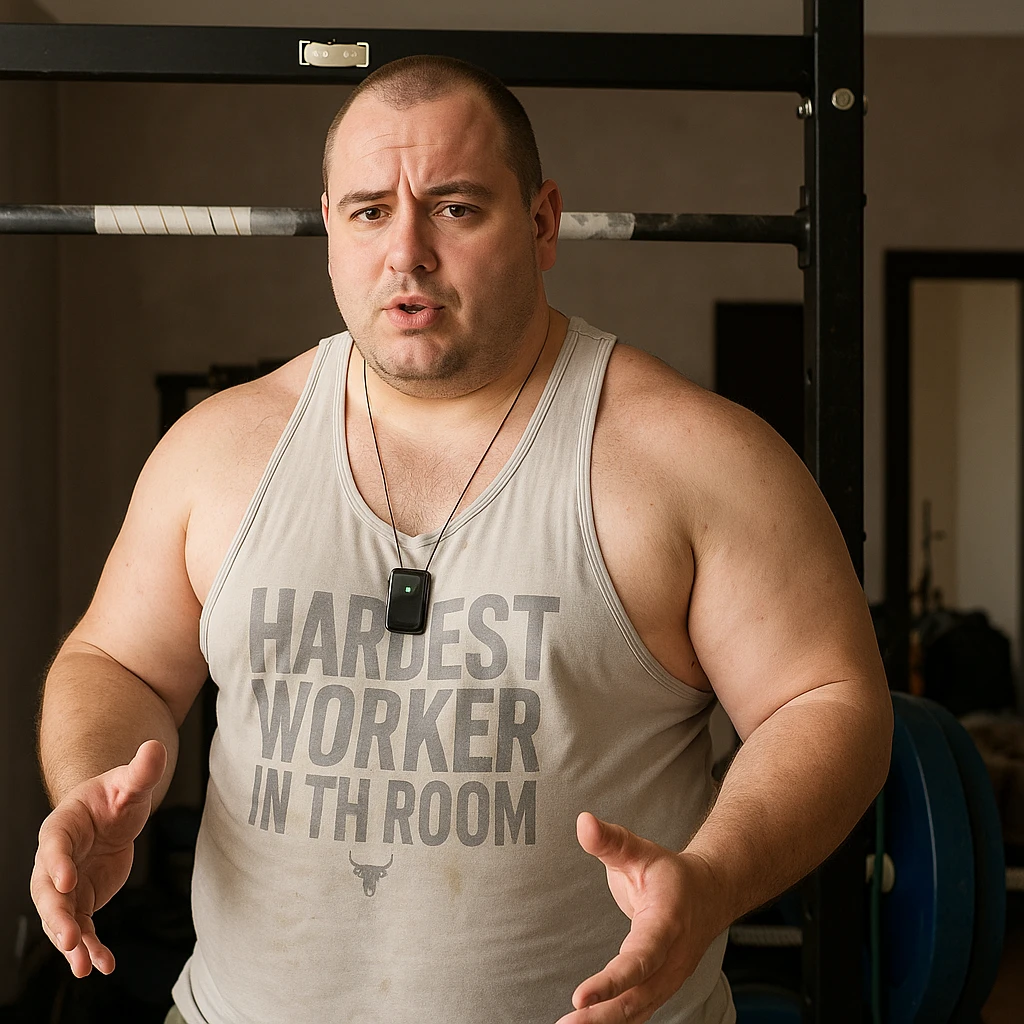 Create a realistic version of the man in the reference photo with a muscular physique and visible fat on the back and hips, maintaining the original pose. emoji