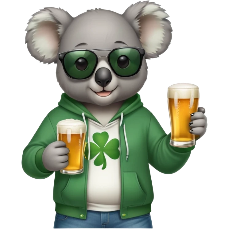 anthropomorphised koala, full body, wearing a hoodie and jeans, dark sunglasses, headphones, dressed for St. Patrick's Day emoji