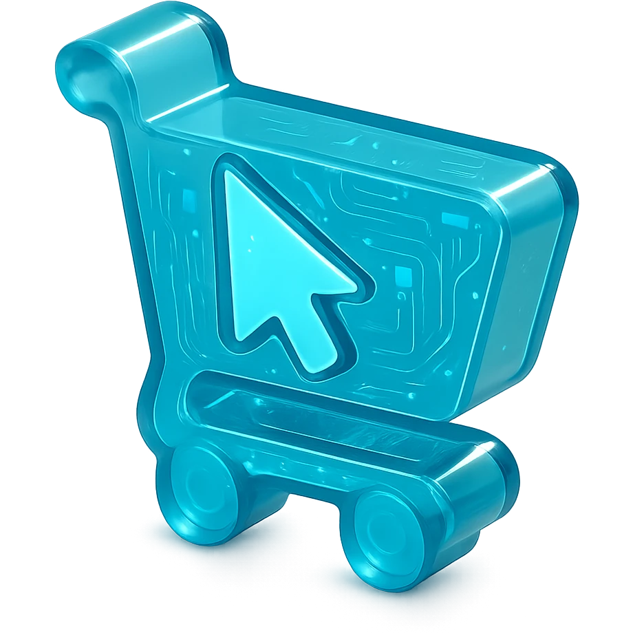 Flat icon of a shopping cart with a digital cursor, cyan blue emoji