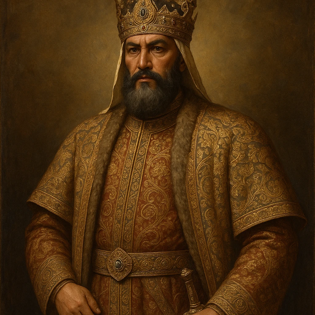 ancient Turkish Seljuk emperor, regal attire, ornate crown, historical accuracy, intricate patterns, majestic pose emoji