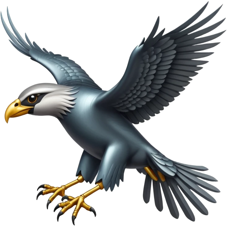 Emoji-style icon of a large metallic predatory bird flying, sharp wings, steel texture, dramatic pose, no gold emoji