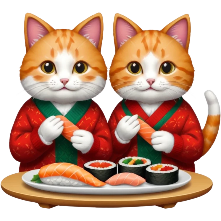 2 cats in christmas sweaters eating sushi emoji