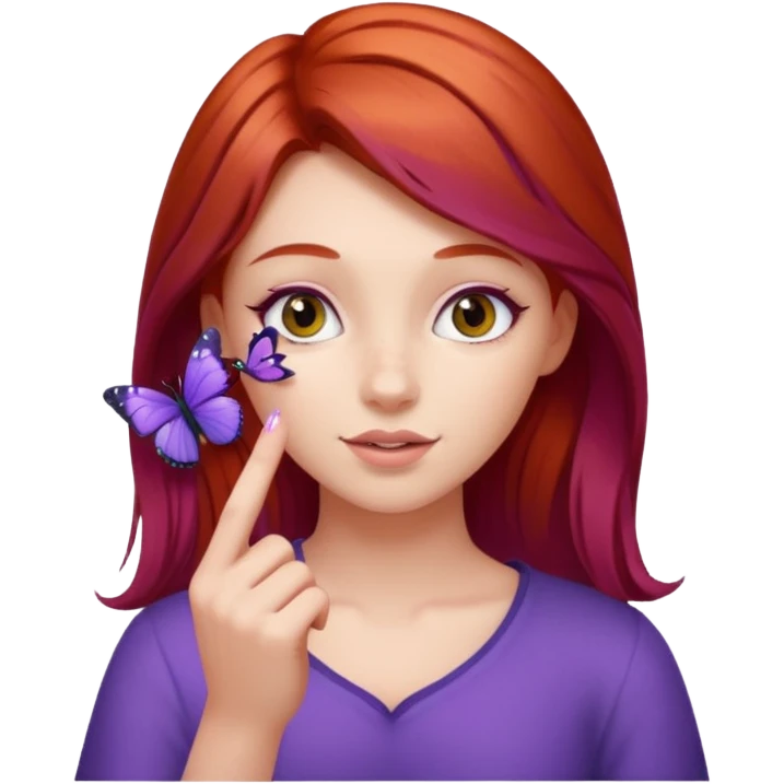 red haired girl finger holding purple butterfly emoji