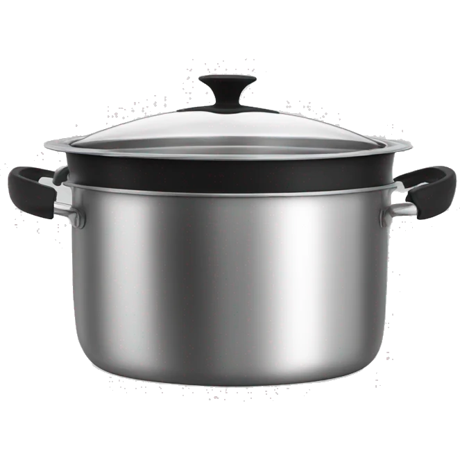Stainless steel pot with black handlers, food inside, cover at the side  emoji