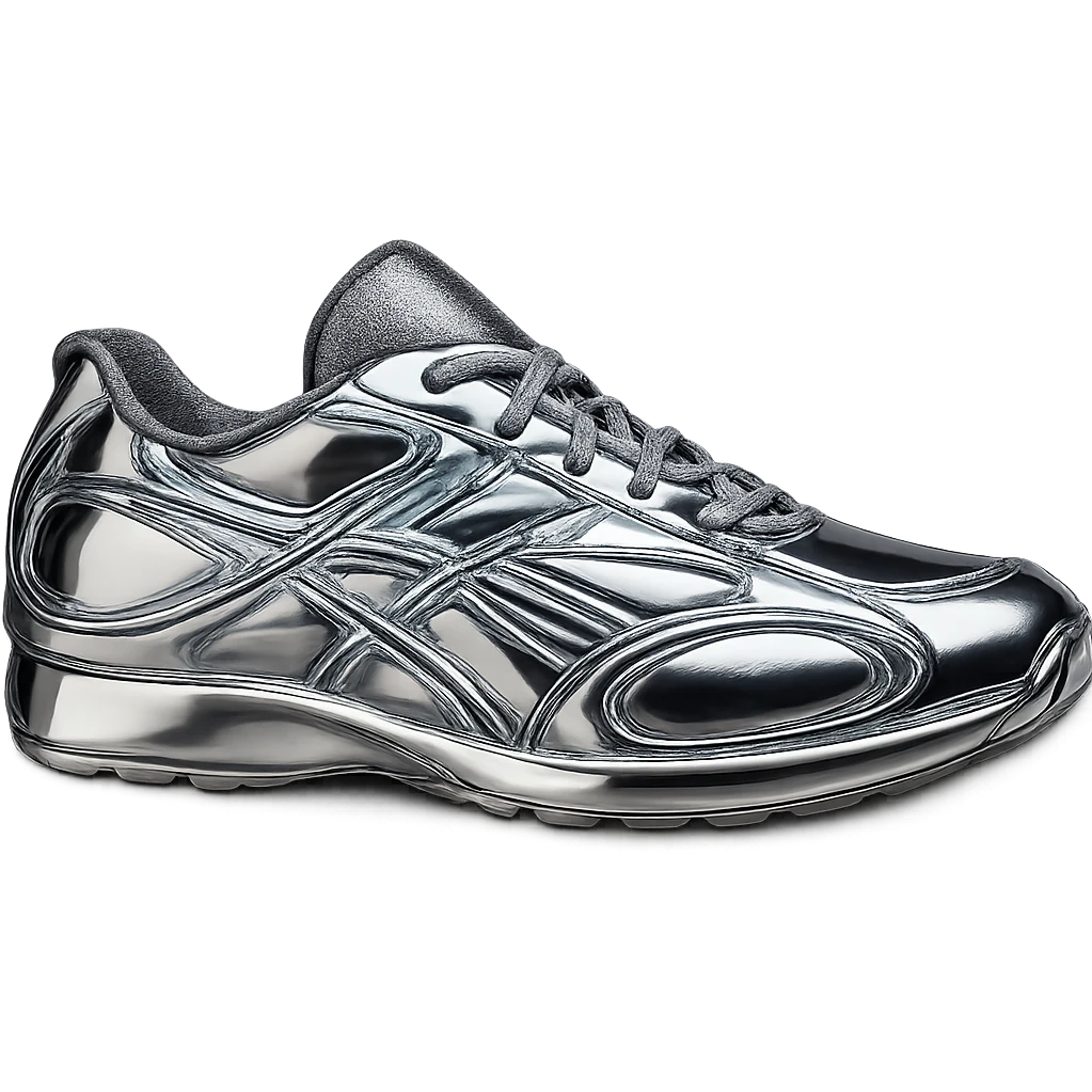 Make the shoe look fully 3D and realistic, with a highly reflective chrome finish and chrome blue accents. Emphasize depth, shadows, and highlights for a true 3D metallic effect, no background. emoji