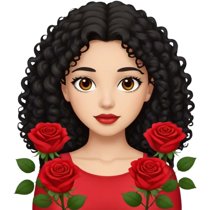 Brown eyes black curly long hair red roses backround red top  emoji