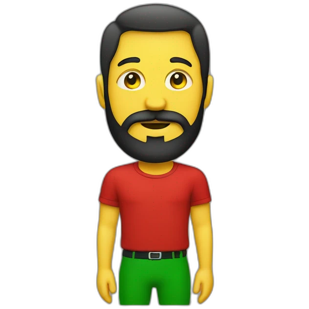 Homme avec barbe coûte et une calvitie  noir très cours avec un t-shirt rouge et un rectangle jaune et vert dessus emoji