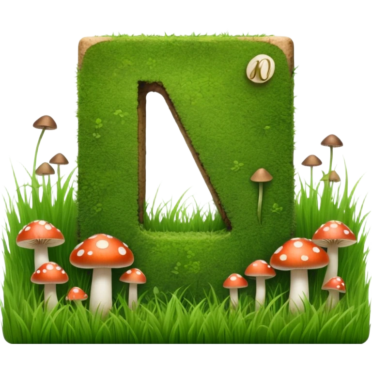 Notion logo as a square block covered in grass with small mushrooms growing on it, letter N visible emoji