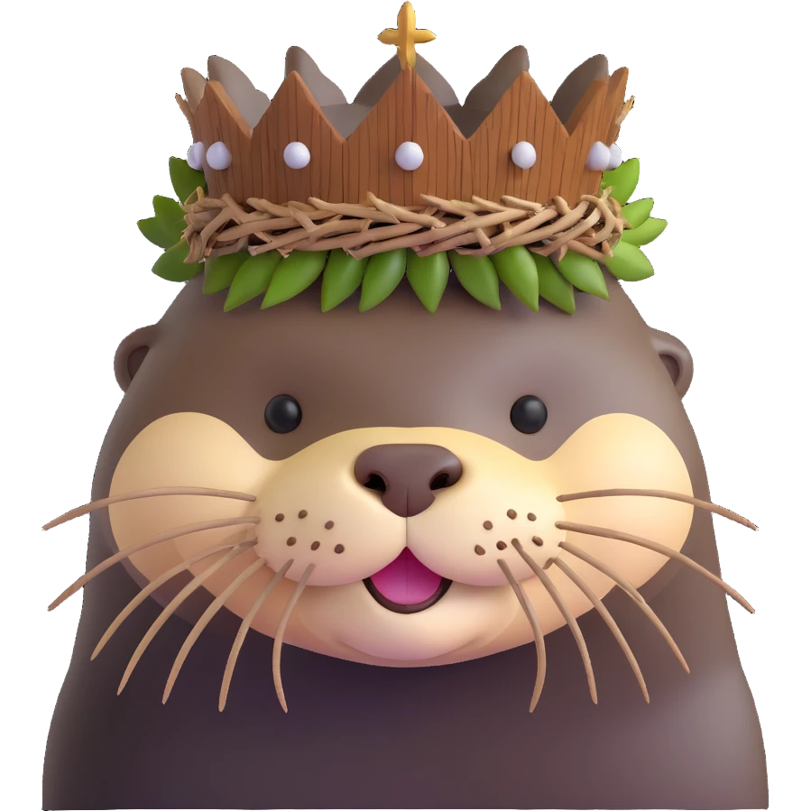 really cute confused otter face portrait with simple wooden thorny stem wrapped horizontally around its forehead like Jesus Crown of thorns, no metal, natural wood thorns, portrait painting style emoji