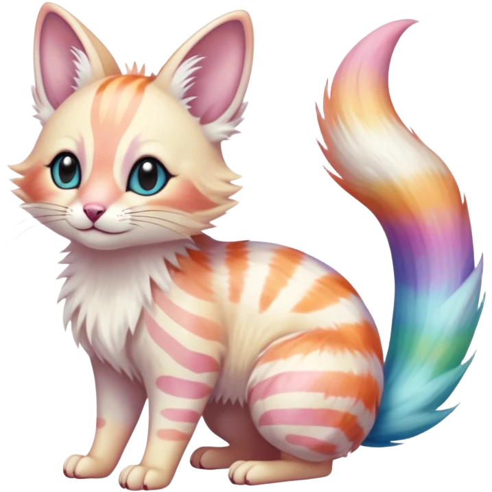  Realistic cute adorable pastel-iridescence-gradients albino fur with random colorful iridescent rainbow markings beautiful elegant pretty precious cute  Fakémon-Pokémon-opossum-feline-serval-caracal-chinchilla-Minccino-hybrid-creature with a big fluffy bushy striped tail (full body) emoji