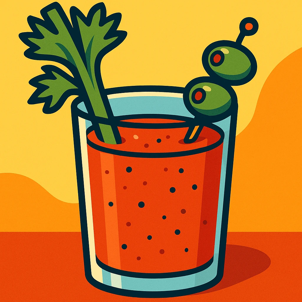 bloody mary drink with celery stalk and olives, classic cocktail style, bright and inviting emoji