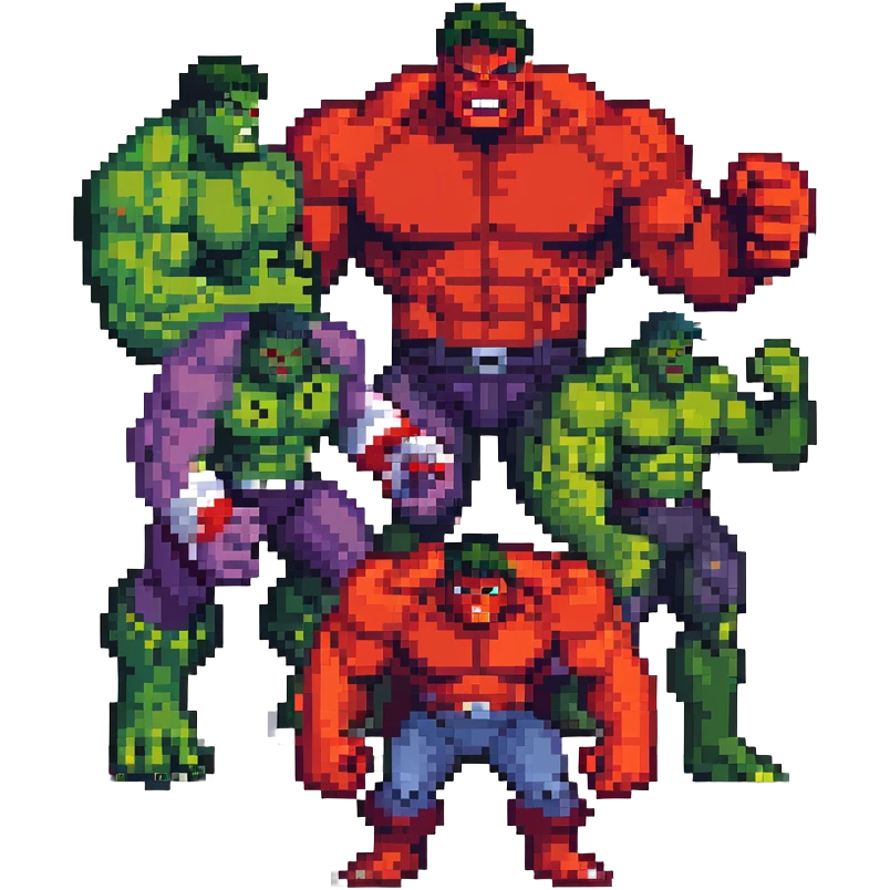 Red Hulk, World Breaker Hulk, and Maestro Hulk forms in retro game style emoji