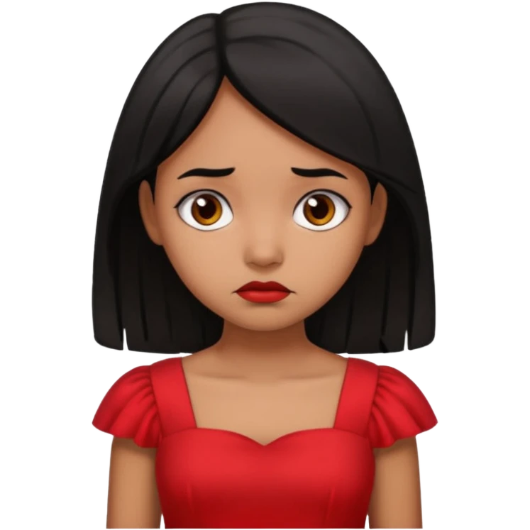 Brown girl black hair sad face red dress emoji