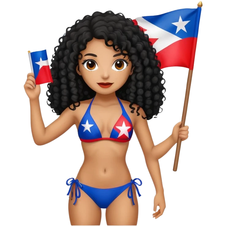 Tan skin girl with black curly hair holding a Puerto Rican flag while wearing a bikini emoji