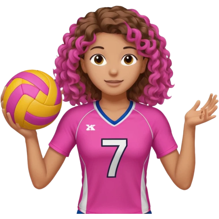 joueuse de volley ball blanche avec des cheveux longs boucles brune avec maillot rose numero 7 et une balle rose debout buste  emoji