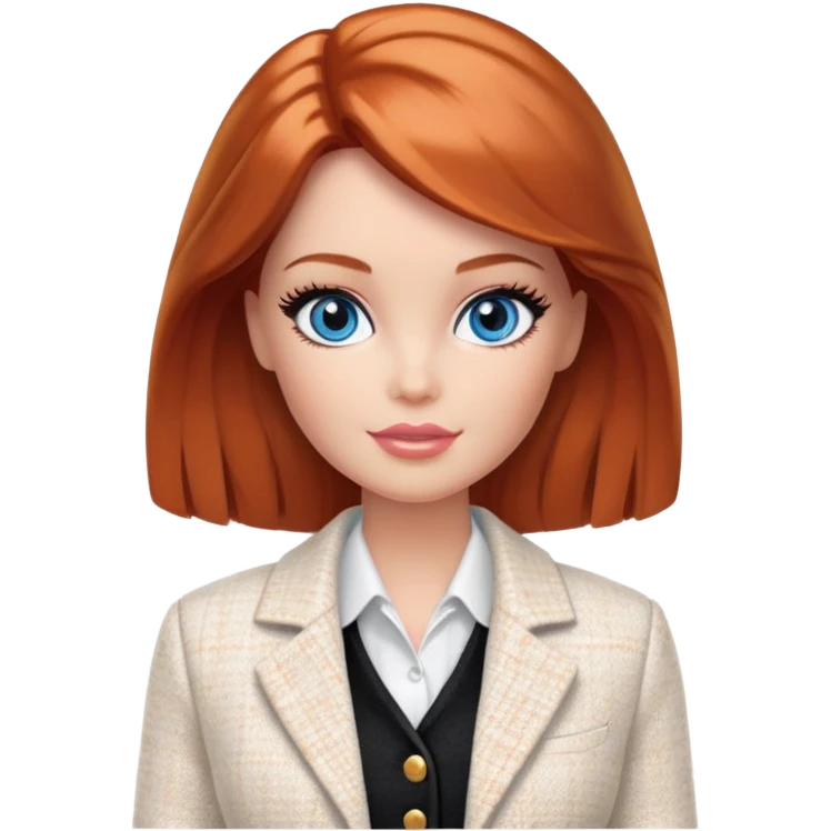 A Barbie girl with blue eyes, shoulder-length reddish-brown hair with makeup, wearing a white tweed jacket and a black skirt stands with hiskin orange cream emoji