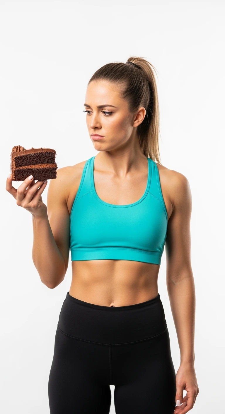 donna fitness con una fetta di torta in mano ed espressione dubbiosa, sfondo bianco emoji