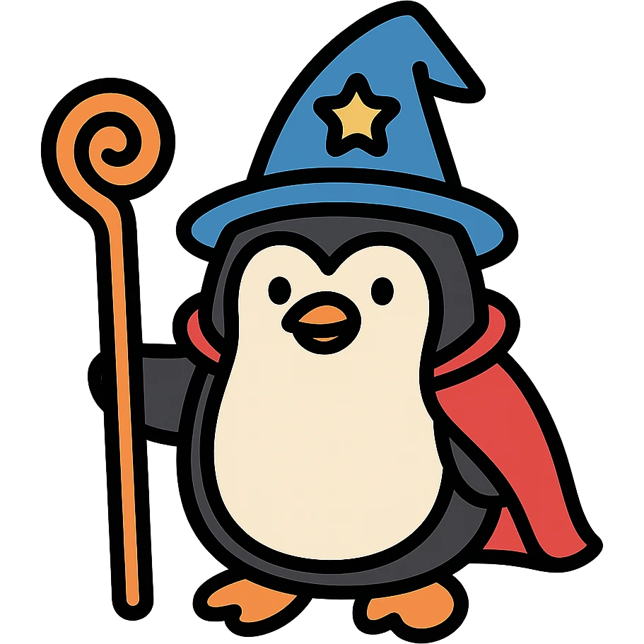 color outline icon of a penguin wizard holding a staff emoji