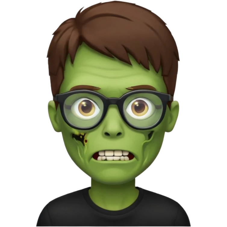 Green zombie, brown hair, black glasses, black shirt. iOS style. emoji