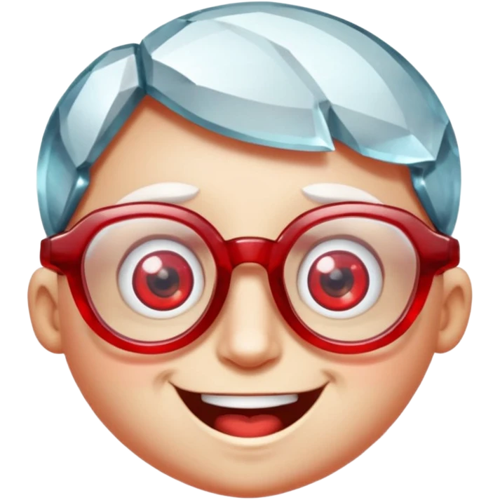 A single crystal gemstone character wearing glasses, chunky and irregular with faceted very sharp sides, [red], big glossy eyes behind the glasses and a wide happy smile, , high detail, soft lighting, centered on a plain dark background emoji