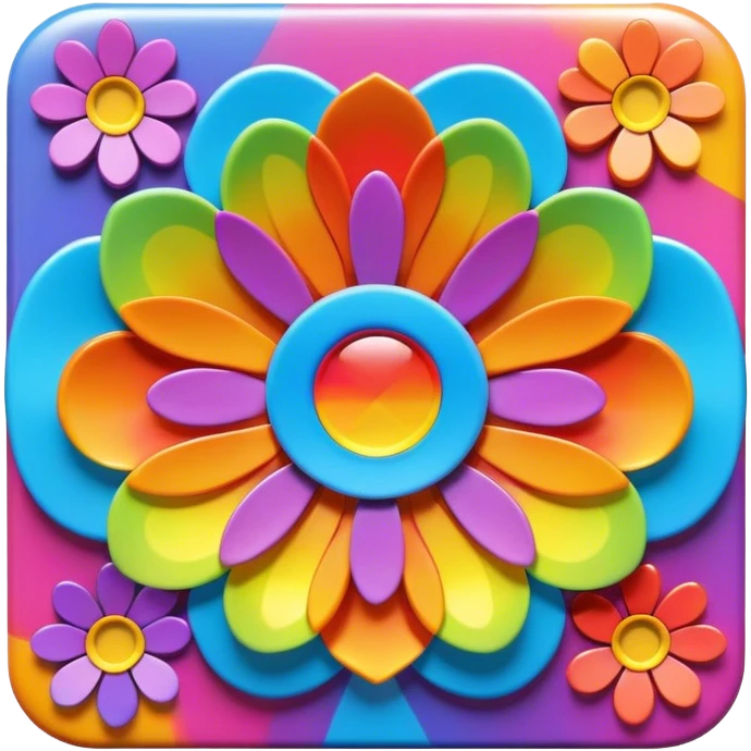 Beveled square shaped psychedelic colored button with rainbow colored hippie style 3D flowers in the center emoji