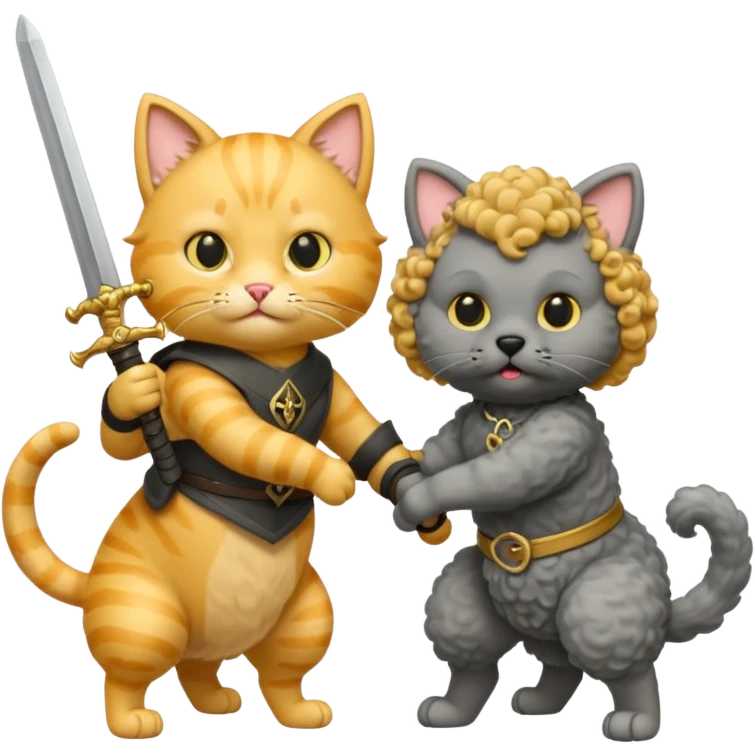 Yellow cat holding a sword. Grey poodle holding a sword. Both fighting each other.  emoji