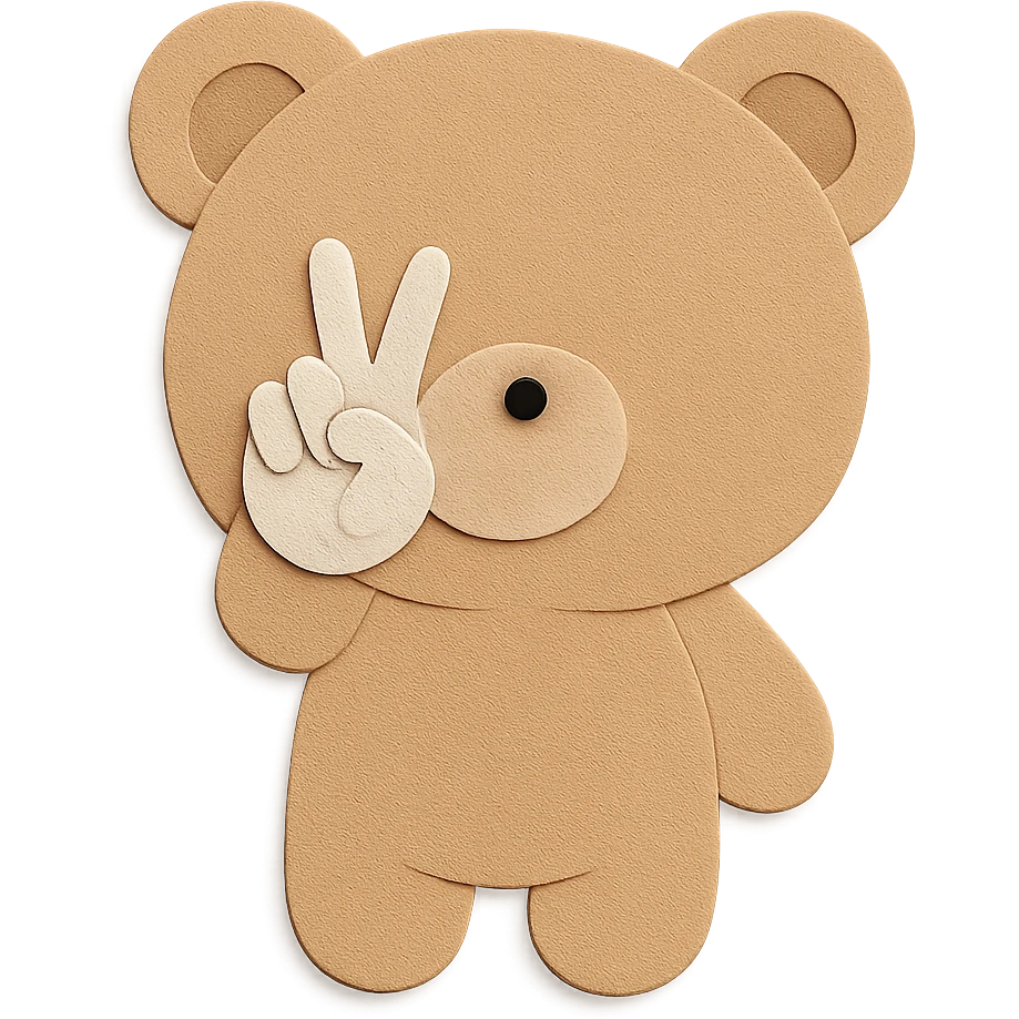 Update the eyes and nose/mouth area of the bear head with peace sign hand gesture to match exactly the color and features of the reference image. Keep all other features, colors, and the paper craft style unchanged. Clean lines, transparent background. emoji