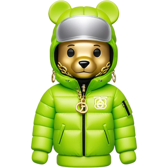 professionally designed bearbrick collectible with precise proportions, lime green balaclava with seamlessly integrated reflective visor lens, high-end branded puffer coat with rich fur collar and prominent designer logo, detailed gold chains, hypebeast aesthetic emoji