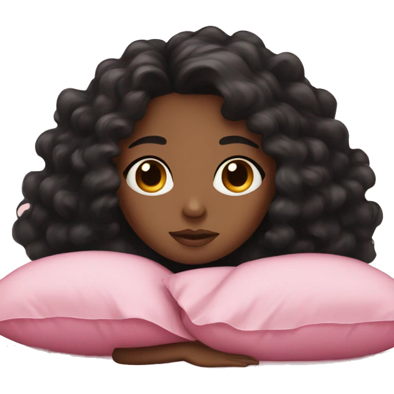A girl with brown skin with curly and black hair sleep with pink bed cover emoji
