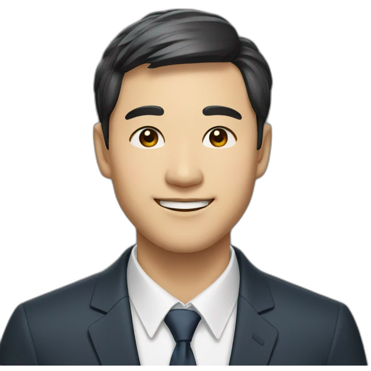 A Korean man with a slightly parted front bangs, bright smile, and semi-formal suit emoji