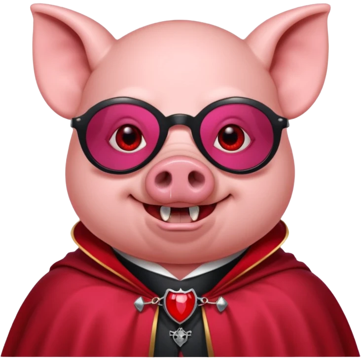 Vampire animal, pig in red collar cloak, red eye, fangs, sunclasses emoji
