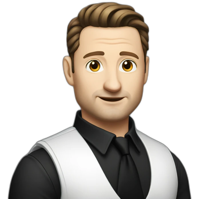 tim robinson dark slicked back hair white shirt, black vest emoji