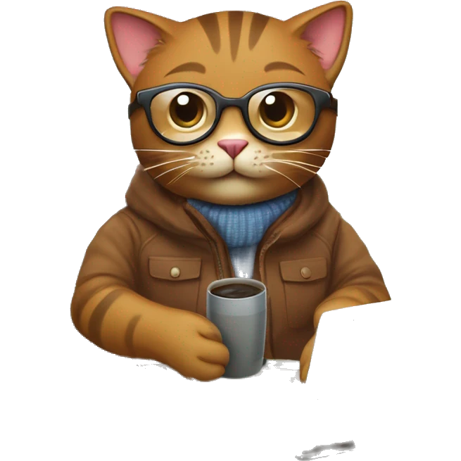 Create an emoji of a happy brown cat with computer glasses, typing on a computer and taking notes. The cat is sitting on an ergonomic chair, with a coffee mug, a potted plant, and wearing a winter jacket because the office AC is cold. emoji