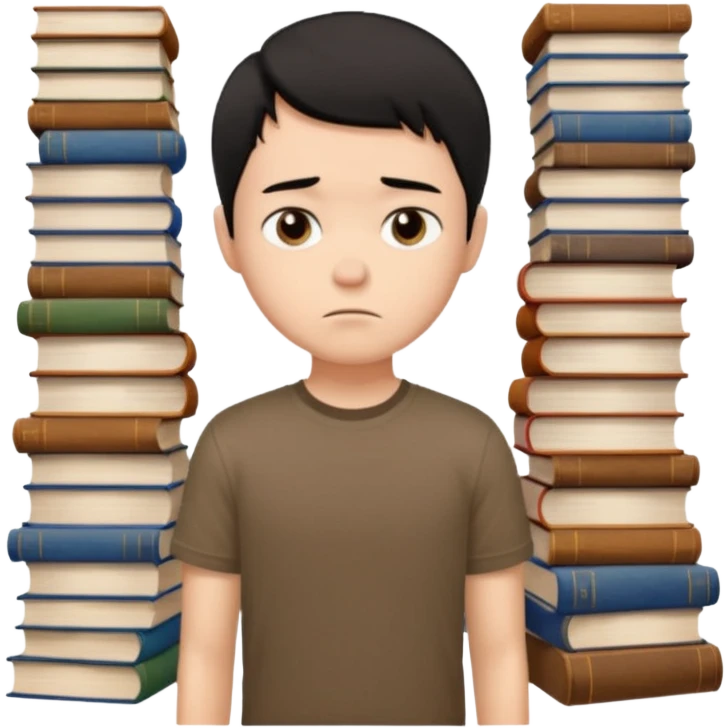 generate a pretty bratz fair skinned boy with short black hair wearing a brown tshirt surrounded by books n looking very sad emoji