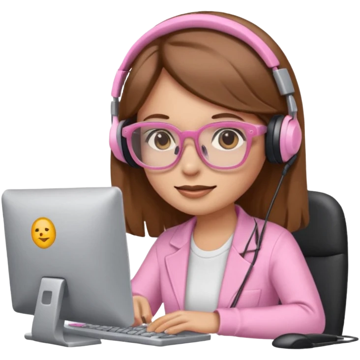 woman emoji with light pink glasses working on computer, light skin, long medium brown hair emoji