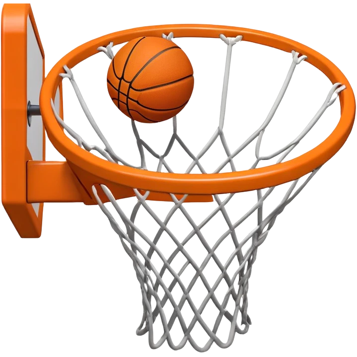 A close-up of a basketball hoop with the ball swishing through the net, captured mid-air. The background emphasizes the tension and excitement of the moment, with the rim and net in sharp focus, showcasing the precision and skill of the sport. emoji
