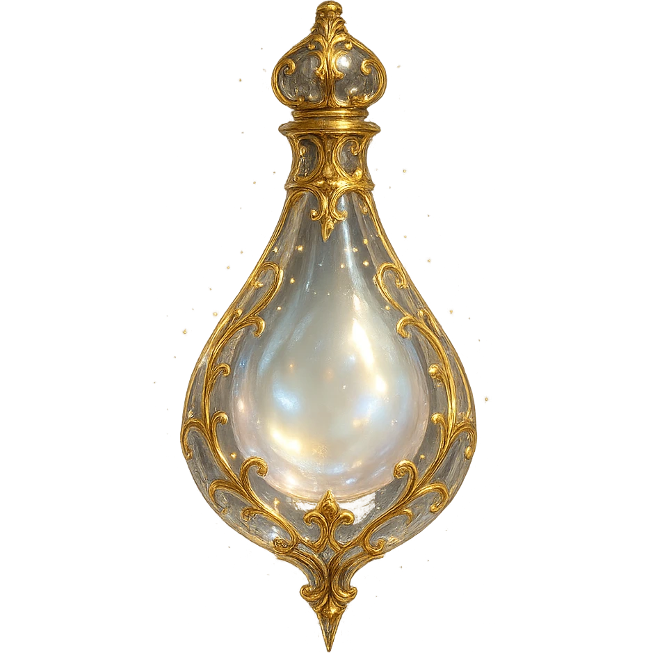 very luxurious crystal tear-shaped elixir bottle, transparent with pearlescent tear-shaped filling inside, lots of glowing, edges, ornaments, golden details, magical effects, very small golden neck, transparent background, beautiful merging bottom, clearly hanging in the air, no base or shadow, premium class, subtle, matching a collection emoji