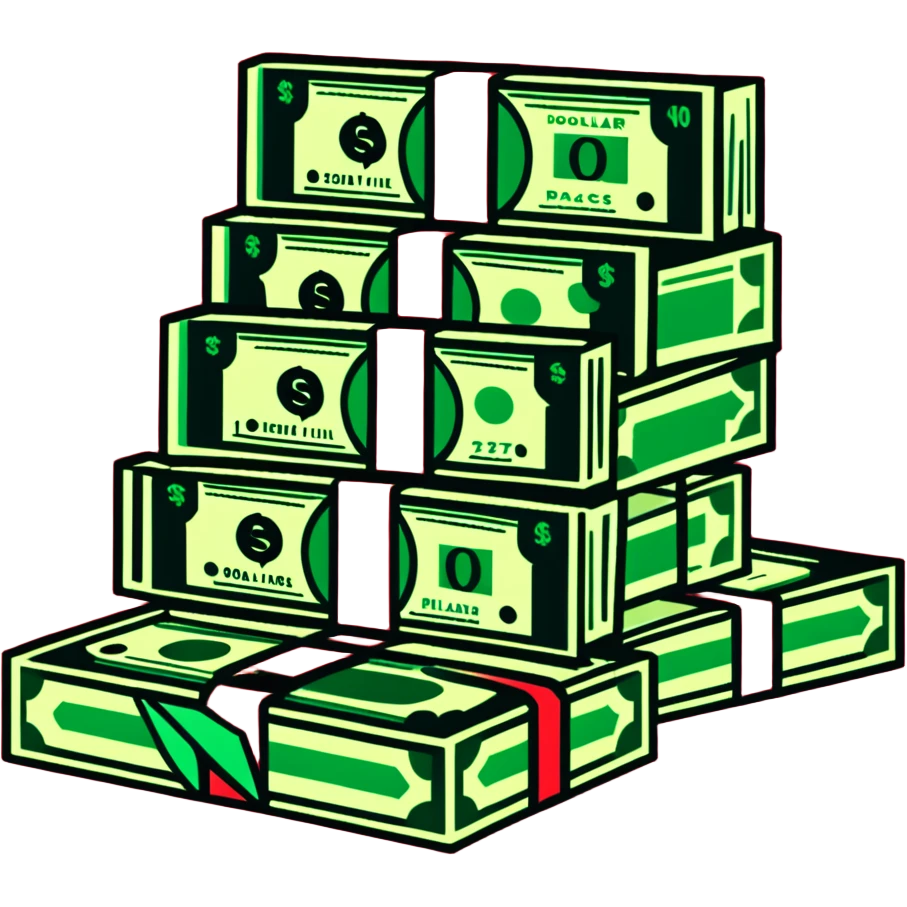 green upward arrow next to progressively taller stacks of dollar bill packs wrapped with bands emoji