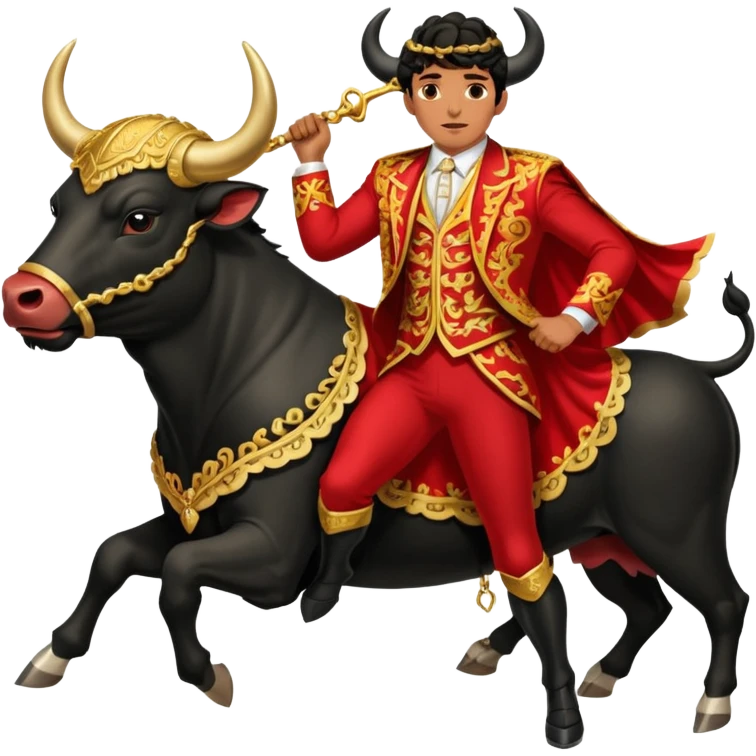 Create a realistic image of a traditional bullfighting scene in a Spanish arena.
Show a bullfighter (matador) in an ornate, gold-trimmed suit holding a red cape (muleta) as a powerful black bull charges toward it. emoji