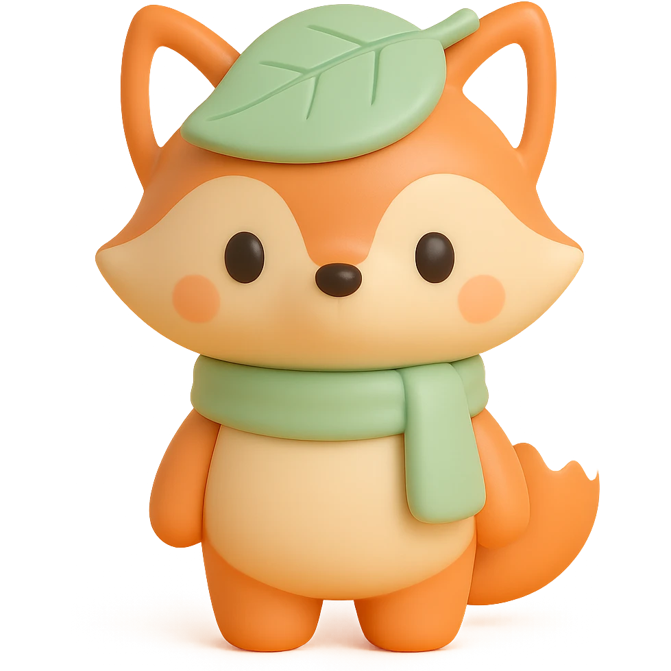 fox wearing a leaf hat and scarf, cute autumn soft style, soft pastel colors, vinyl figure style emoji