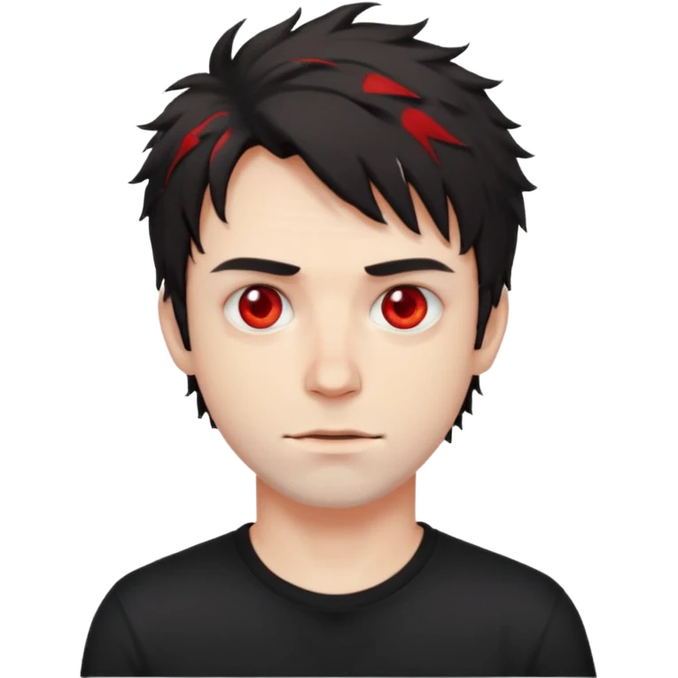 Парень с бледной кожей с красными глазами с чёрными растрепаными волосами, в черной футболке emoji