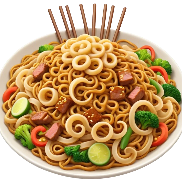 Cinematic Realistic Mie Goreng Dish Emoji, featuring stir‚Äêfried noodles with vegetables and meat rendered with dynamic textures and warm, appetizing lighting. emoji
