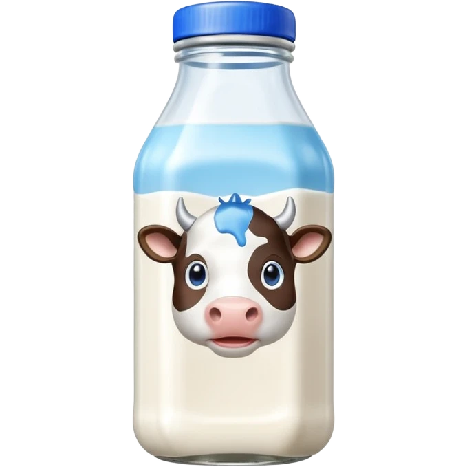 A 3D cartoon glass bottle of cow’s milk — white liquid, blue cap, clear reflections, Memoji-style rendering. emoji